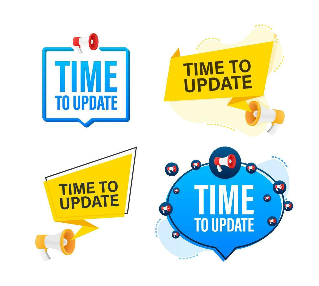 Megaphone label set with text time to update. Megaphone in hand promotion banner. Marketing and advertising vector
