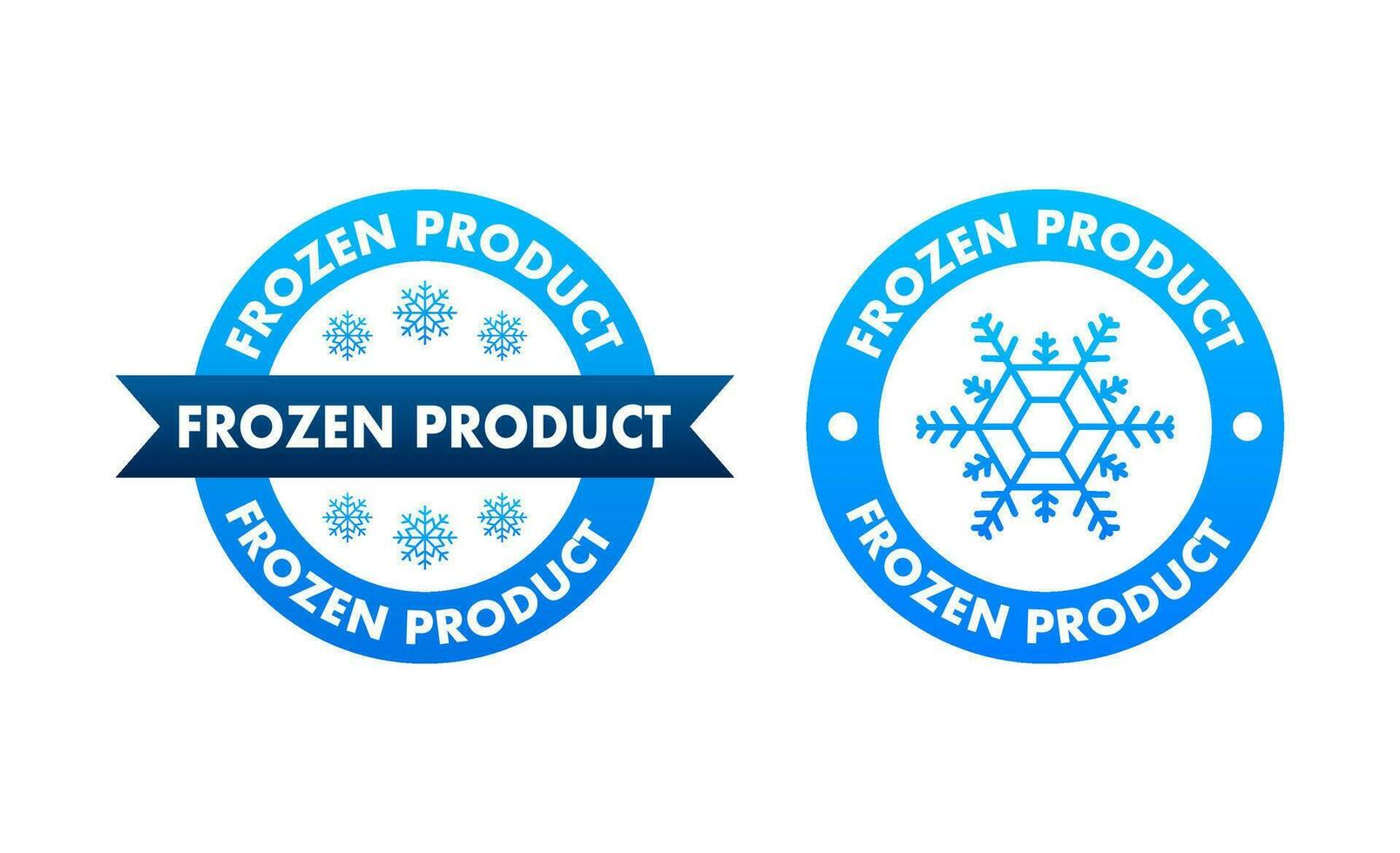 Blue frozen product and snowflake icon, label. Fresh frozen. Food logo. Vector stock illustration.