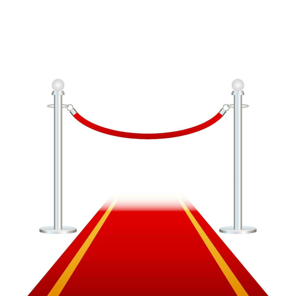 Red carpet with red ropes on golden stanchions. Exclusive event, movie premiere, gala, ceremony, awards concept. Vector stock illustration.