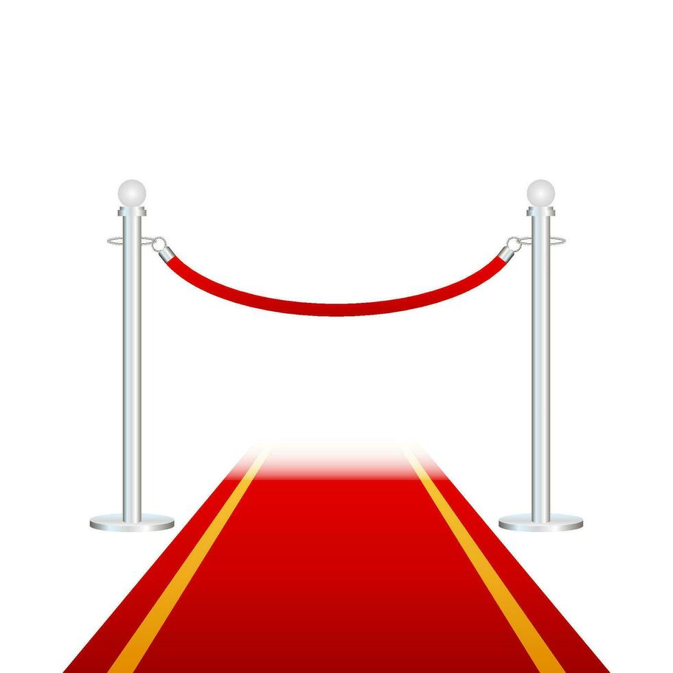 Red carpet with red ropes on golden stanchions. Exclusive event, movie premiere, gala, ceremony, awards concept. Vector stock illustration.