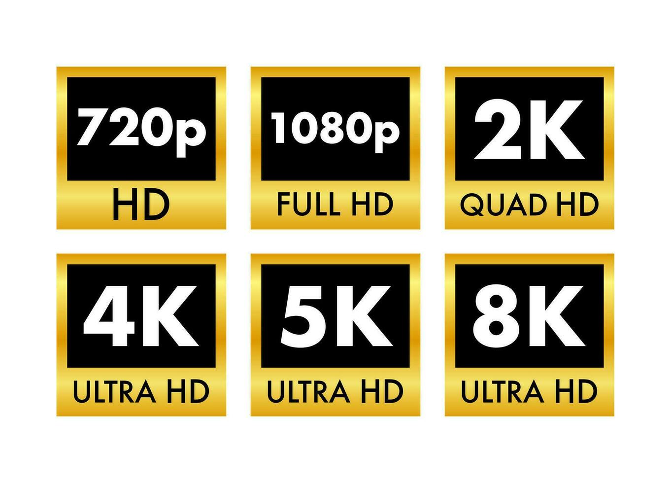 vídeo dimensión etiquetas. vídeo resolución 720, 1080, 2k, 4k, 8k insignias calidad diseño elemento. vector valores ilustración.