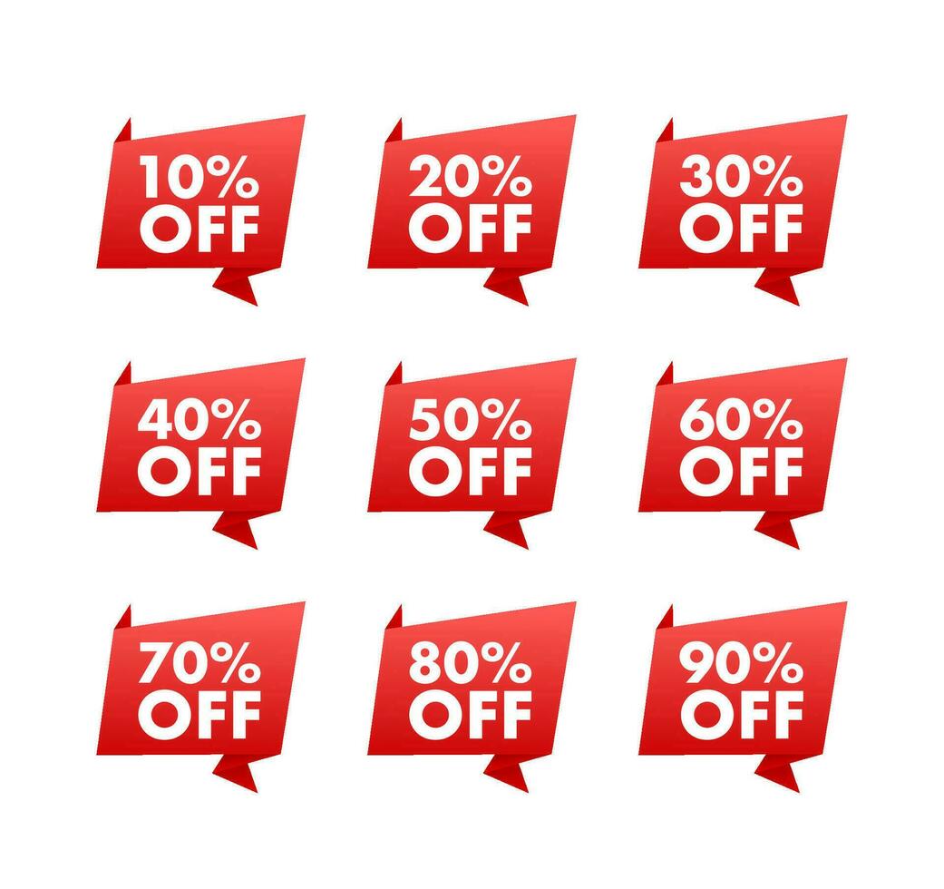 Sale tags. Special offer discount tag 10, 10, 20, 30, 40, 50, 60, 70, 80, 90 percent off price. Discount promotion vector