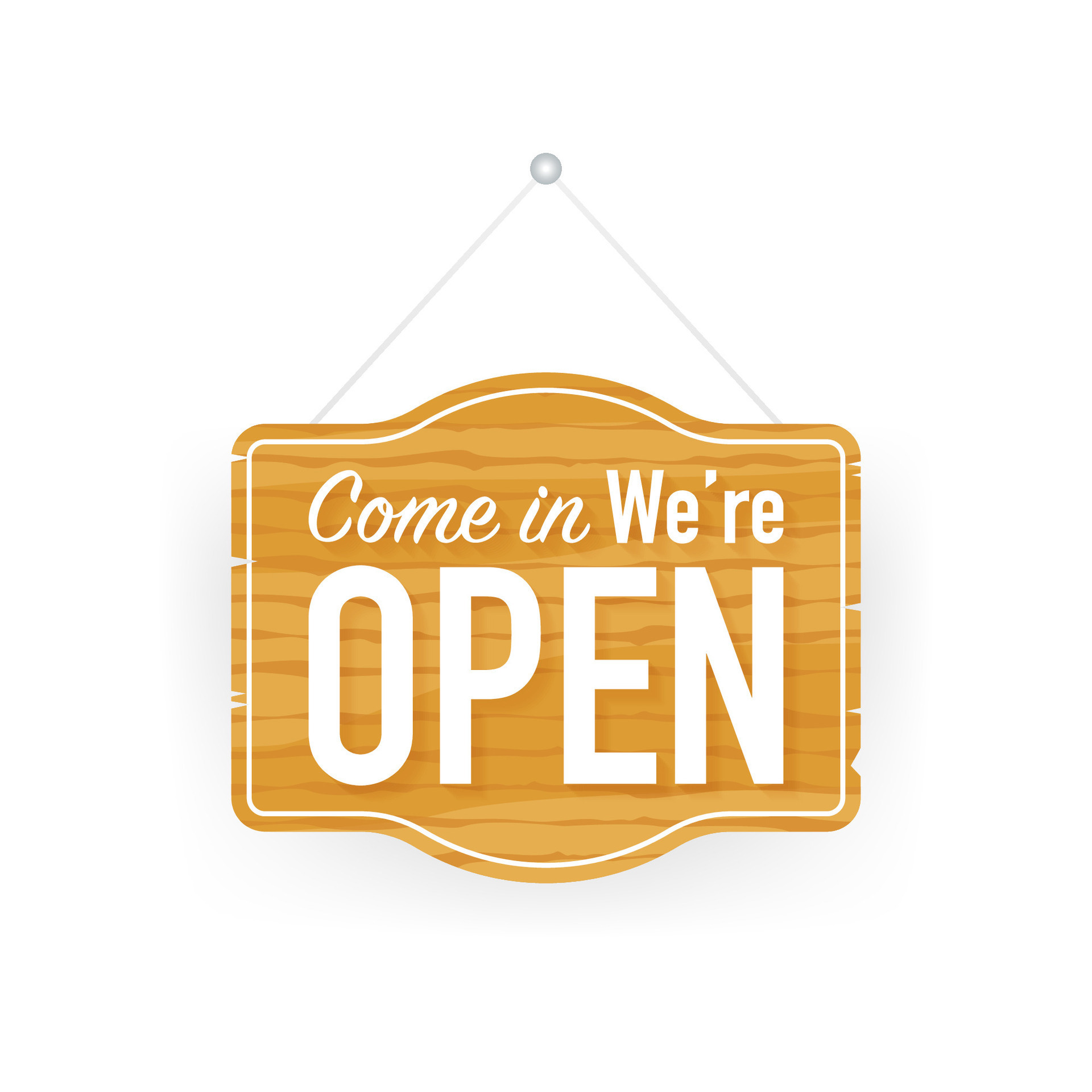 Come in we’re open hanging sign on white background. Sign for door