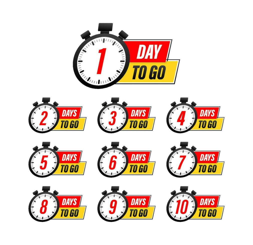 Days countdown. Days to go 1 2 3 4 5 6 7 8 9 10. The days left badges set. Product limited promo vector
