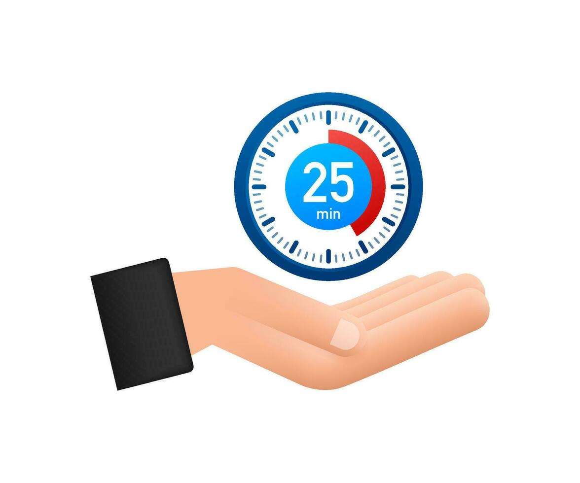 The 25 minutes, stopwatch with hands icon. Stopwatch icon in flat style, timer on white background. Motion graphics 4k vector