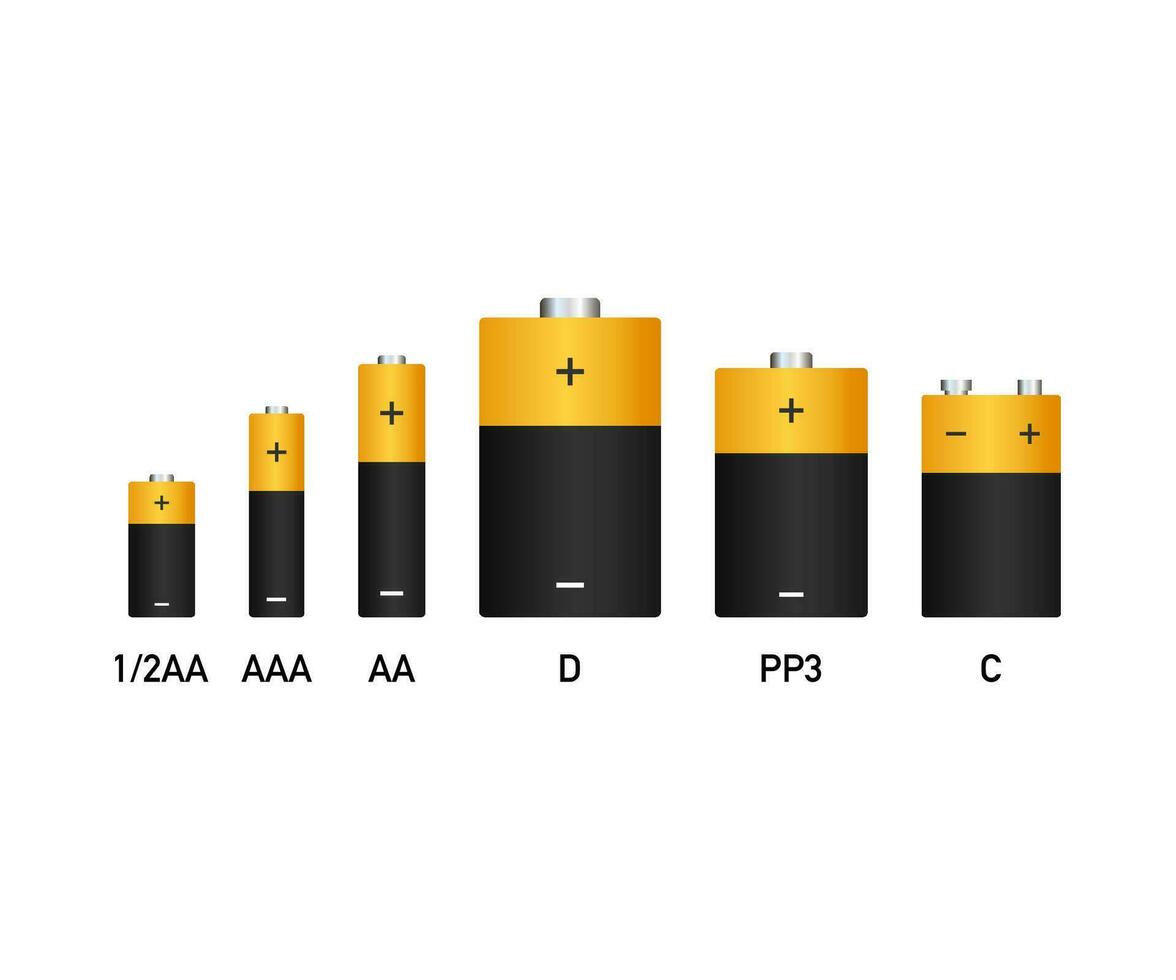 alcalino baterías realista estilo conjunto de diferente tamaño. vector valores ilustración.