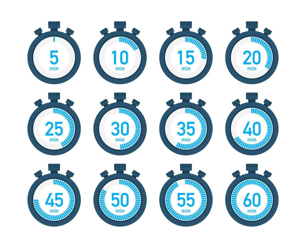 Timer, stopwatch icons set 10 20 30 40 50 60 minutes. Cooking time. vector