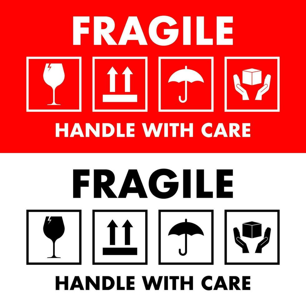 Fragile red icon. Handle with care sign, label. Vector stock illustration