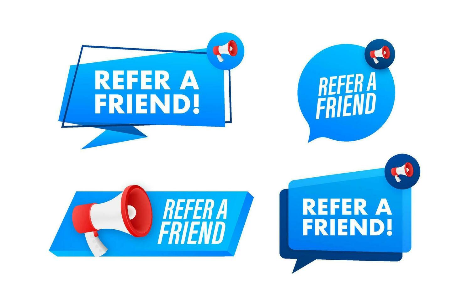 megáfono etiqueta conjunto con texto referir un amigo. megáfono en mano promoción bandera. márketing y publicidad vector