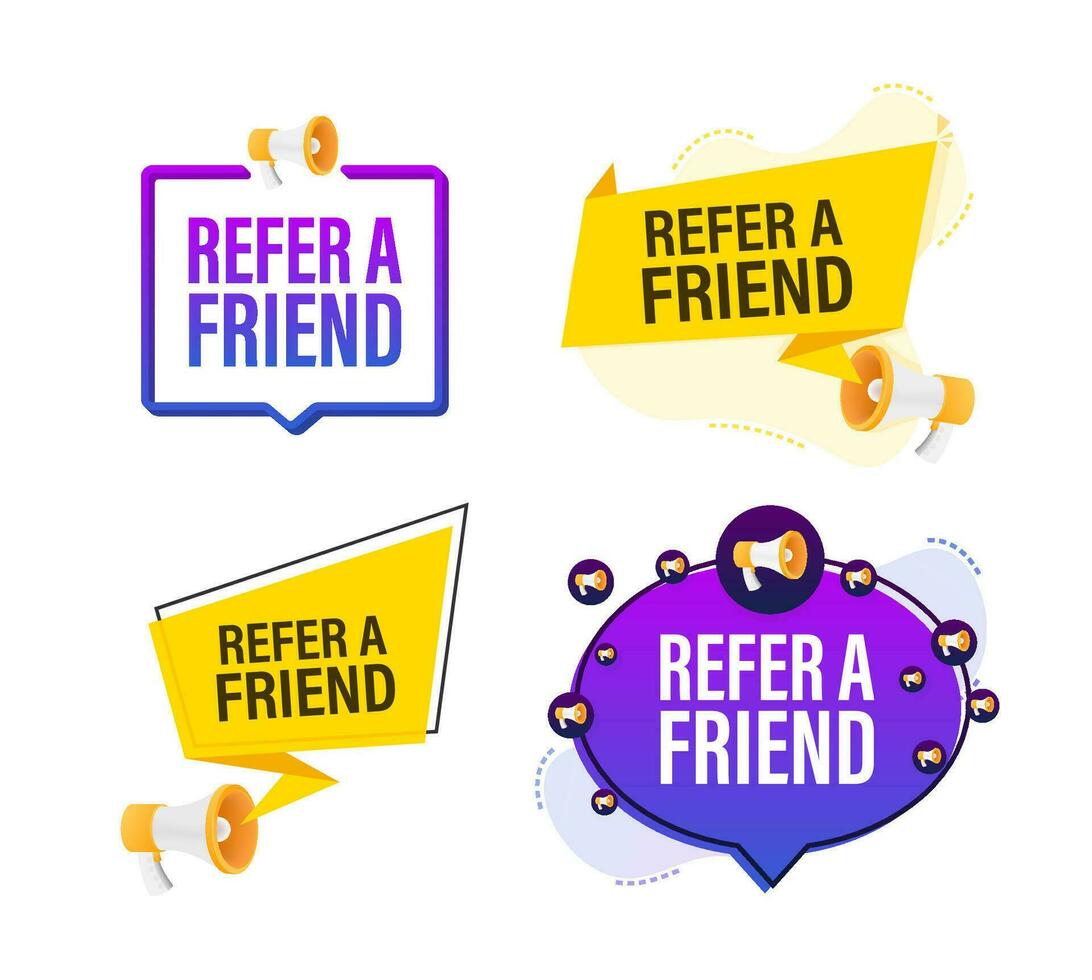Megaphone label set with text Refer a friend. Megaphone in hand promotion banner. Marketing and advertising vector