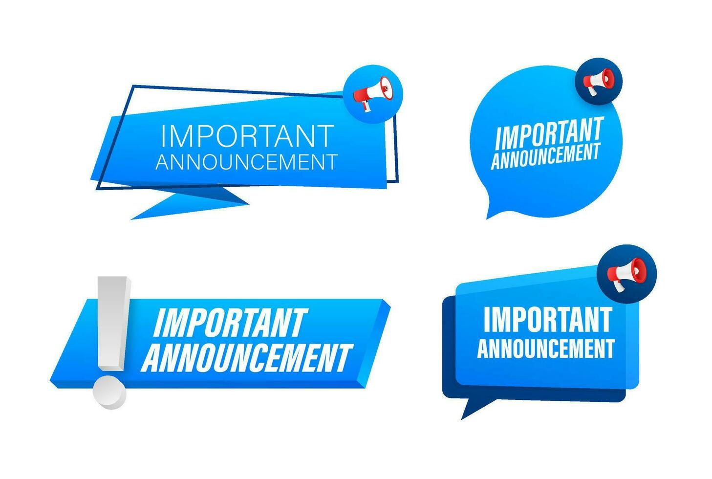 Megaphone label set with text important announcement. Megaphone in hand promotion banner. Marketing and advertising vector