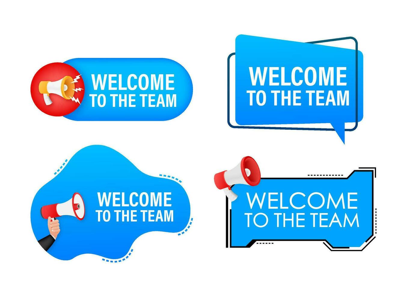 Megaphone label set with text We Want Your Feedback. Megaphone in hand promotion banner. Marketing and advertising vector
