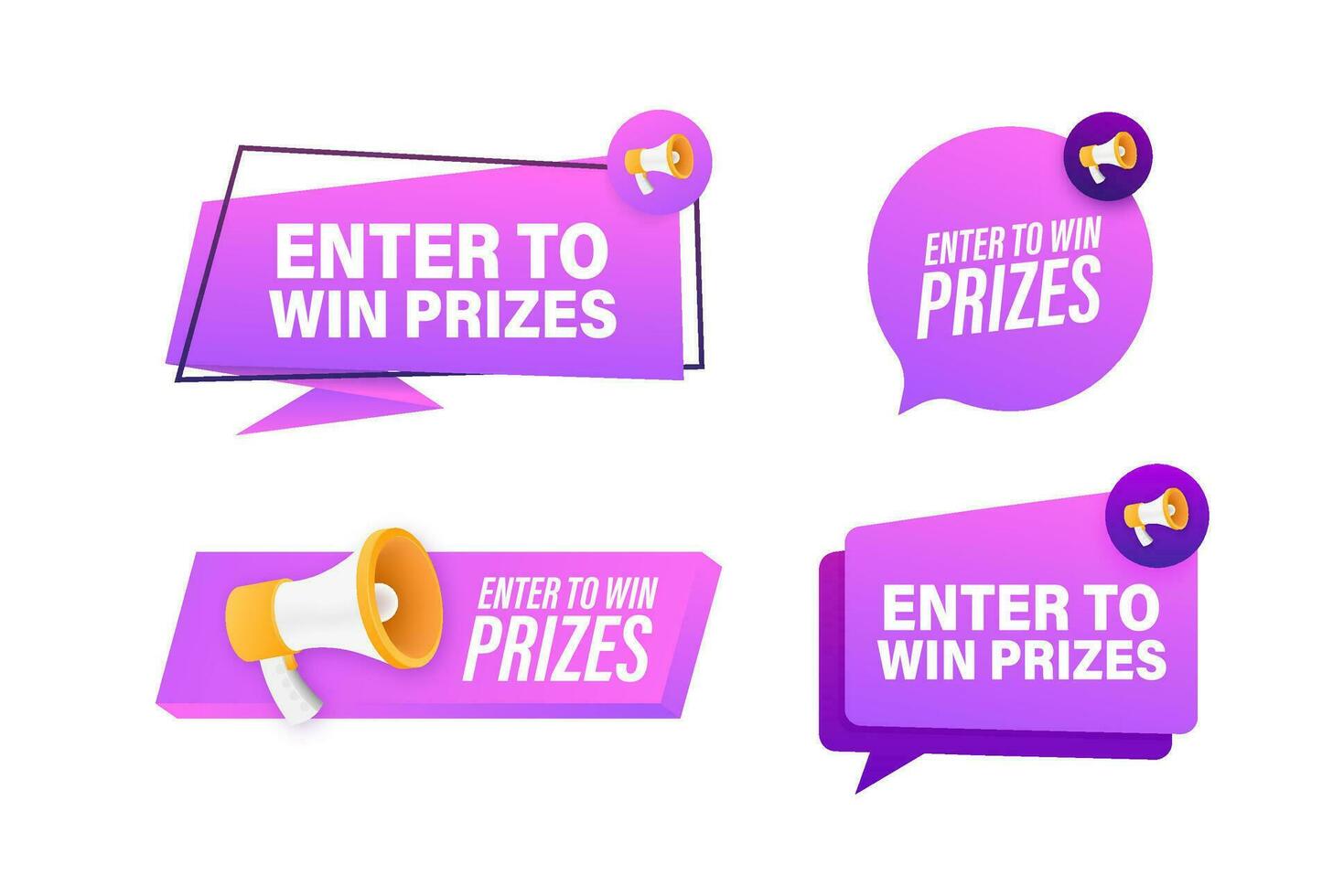 Megaphone label set with text Enter to win prizes. Megaphone in hand promotion banner. Marketing and advertising vector