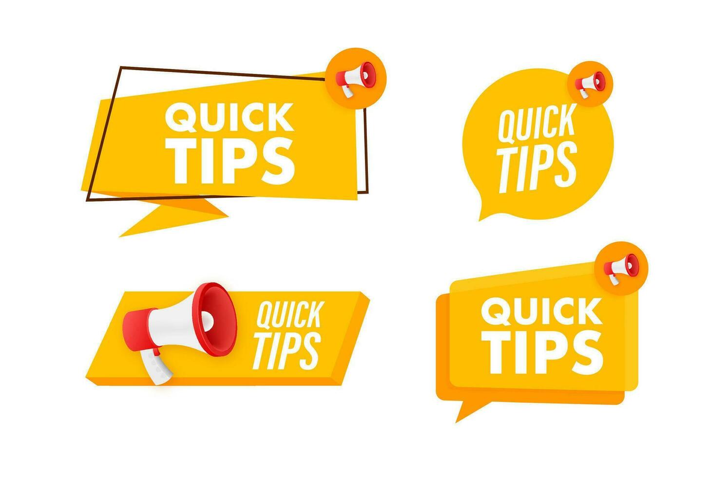 Megaphone label set with text quick tips. Megaphone in hand promotion banner. Marketing and advertising vector