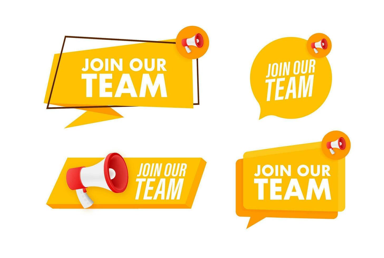 Megaphone label set with text join our team. Megaphone in hand promotion banner. Marketing and advertising vector