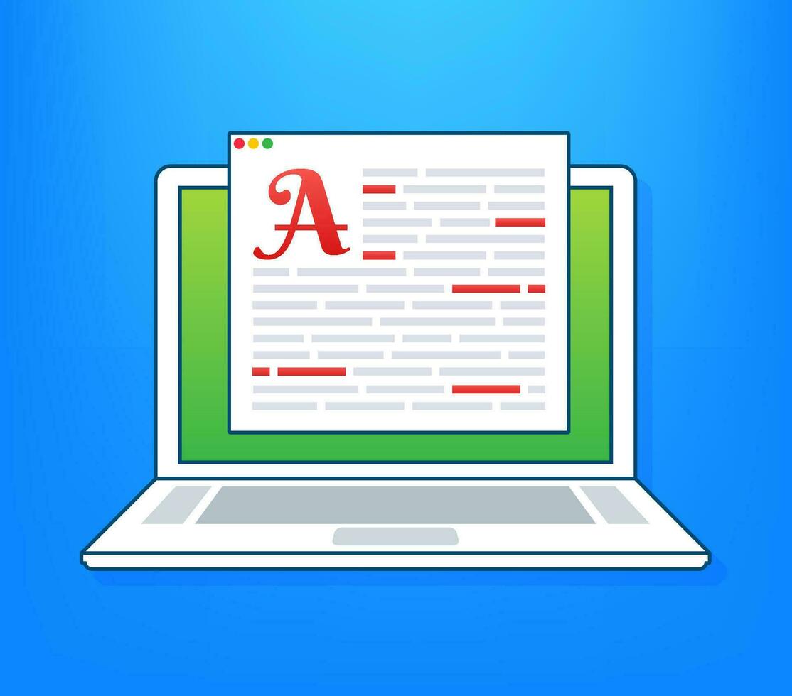 Copywriting. Editable online document on laptop screen. Copywriting job. Electronic documents and text grammar mistakes. vector