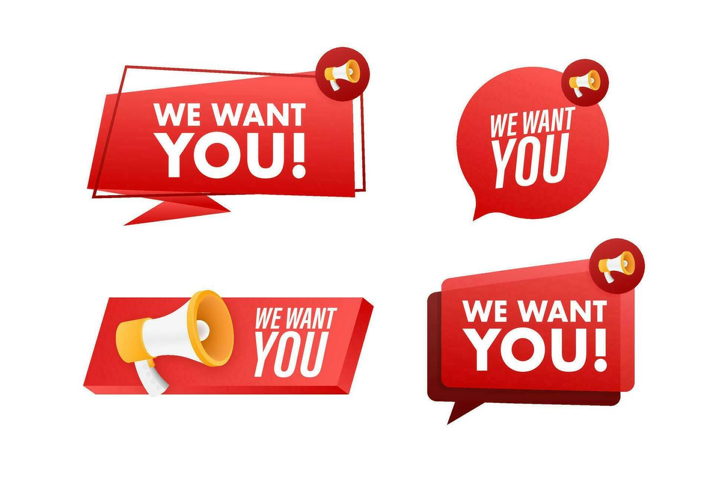 Megaphone label set with text we want you. Megaphone in hand promotion banner. Marketing and advertising vector