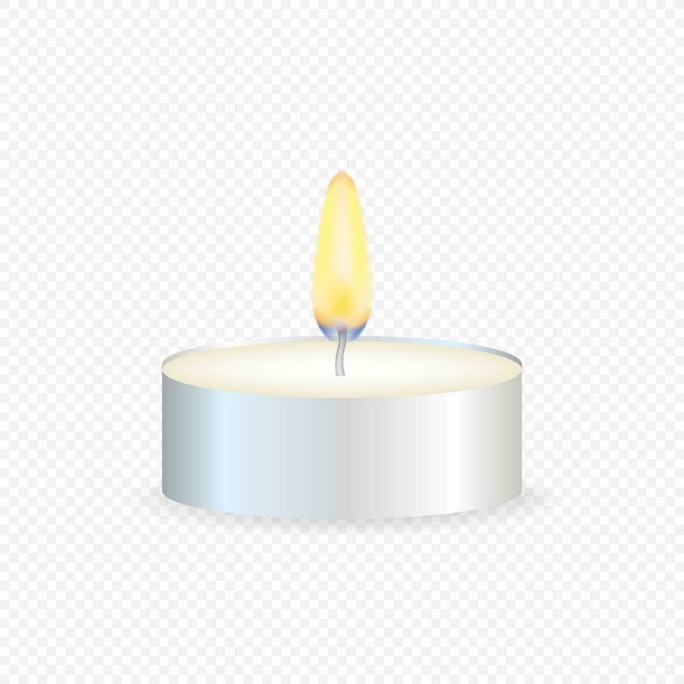 Tea candle or candle in a case. Realistic candle light or tea light flame icon. Vector stock illustration