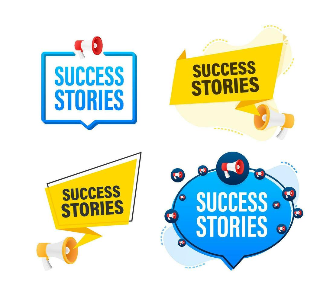Megaphone label set with text success stories. Megaphone in hand promotion banner. Marketing and advertising vector