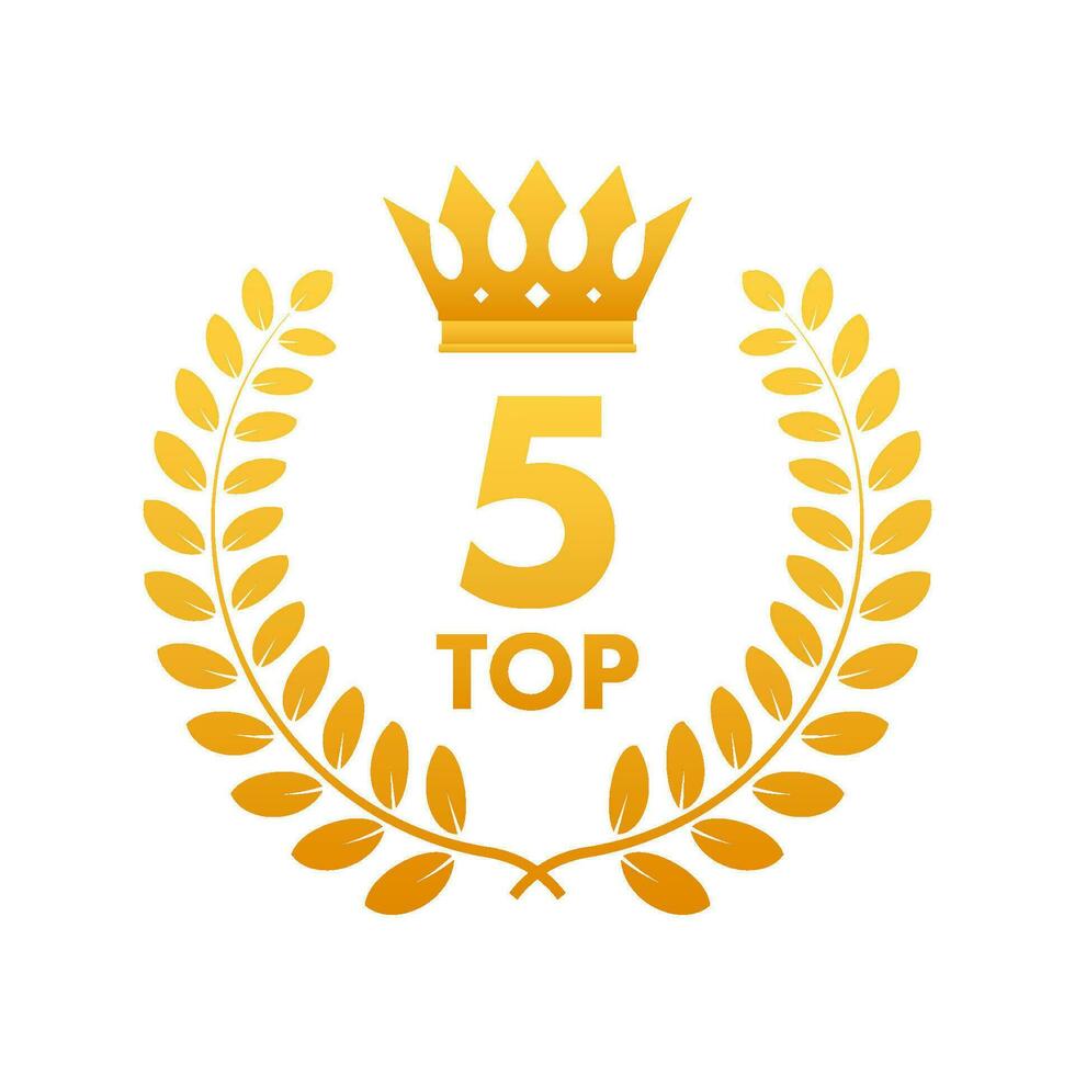 Top 5 label. Golden laurel wreath icon. Vector stock illustration.