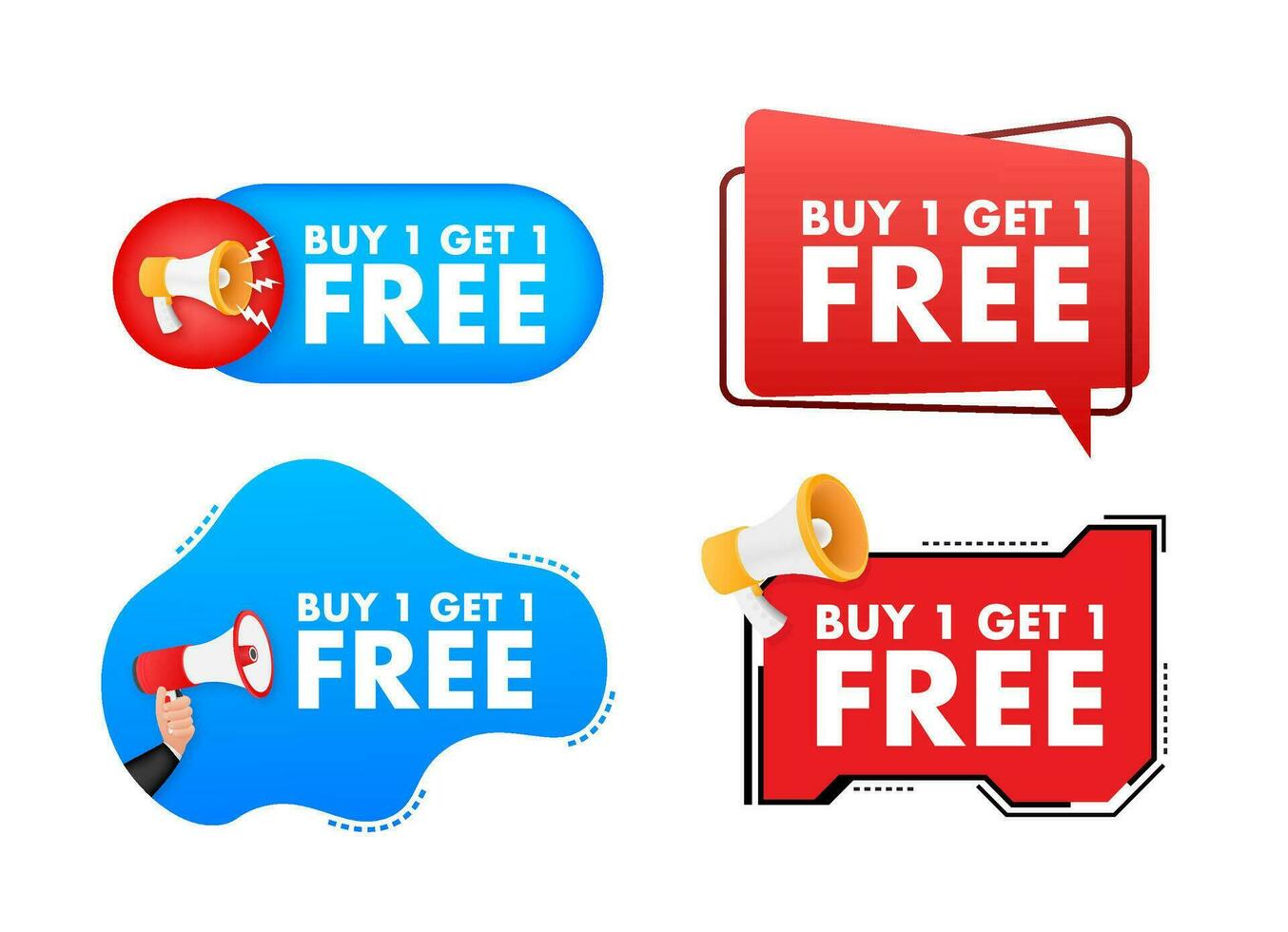 megáfono etiqueta conjunto con texto comprar 1 obtener 1 gratis. megáfono en mano promoción bandera. márketing y publicidad vector