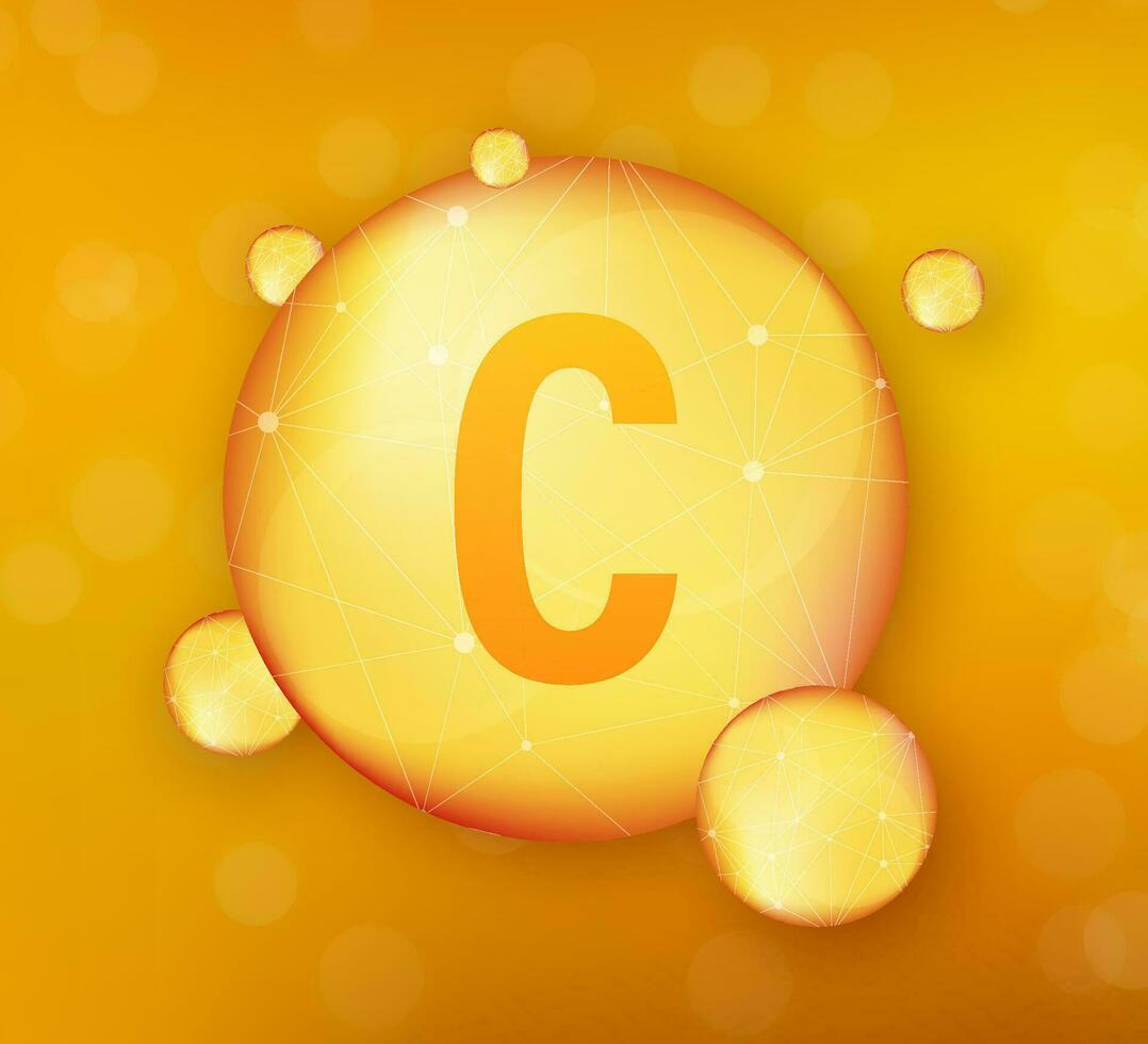 Vitamin C gold shining icon. Ascorbic acid. Vector stock illustration
