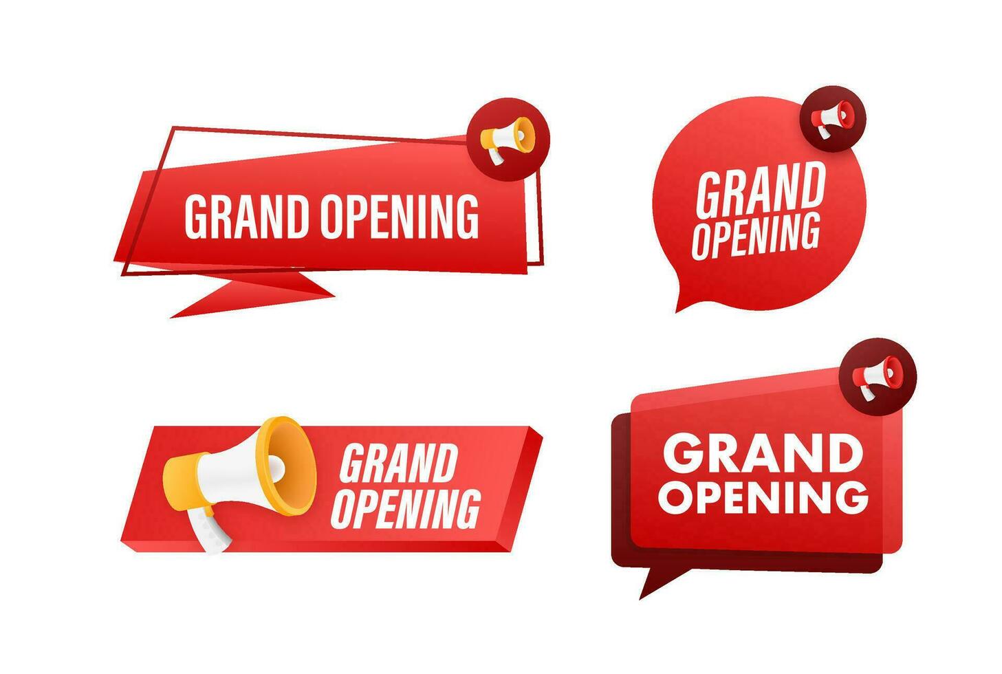 Megaphone label set with text grand opening. Megaphone in hand promotion banner. Marketing and advertising vector