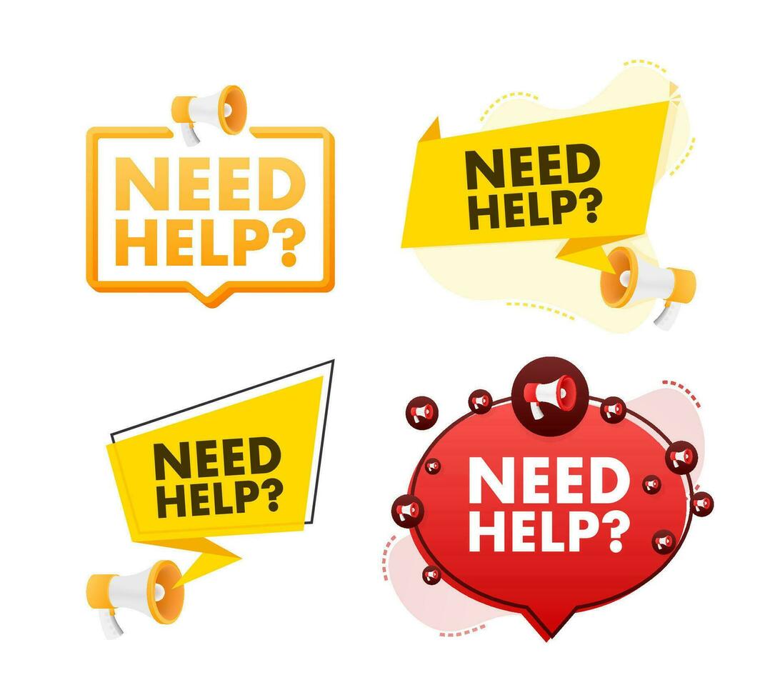 Megaphone label set with text need help. Megaphone in hand promotion banner. Marketing and advertising vector