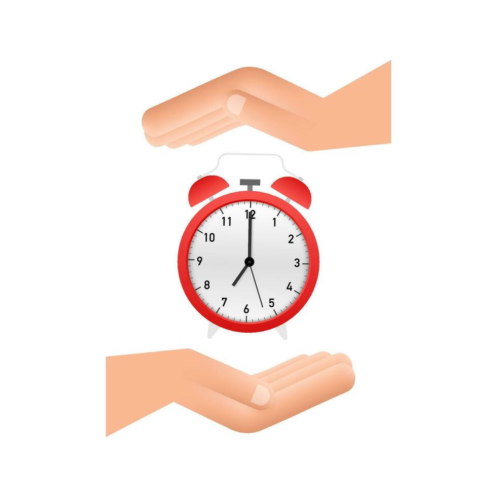 Alarm clock, wake up time in hands on white background. Motion graphics 4k vector