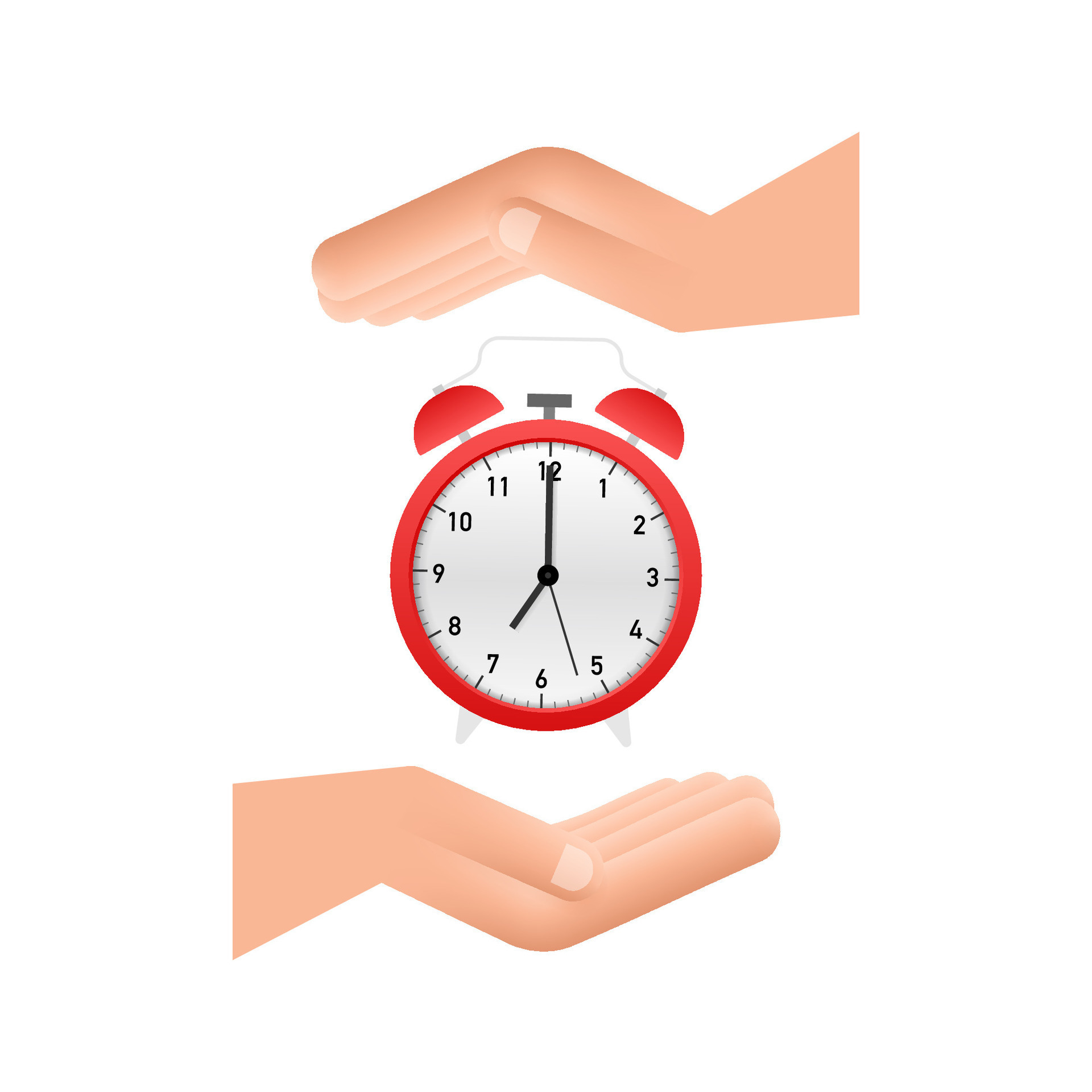 Alarm clock, wake up time in hands on white background. Motion graphics