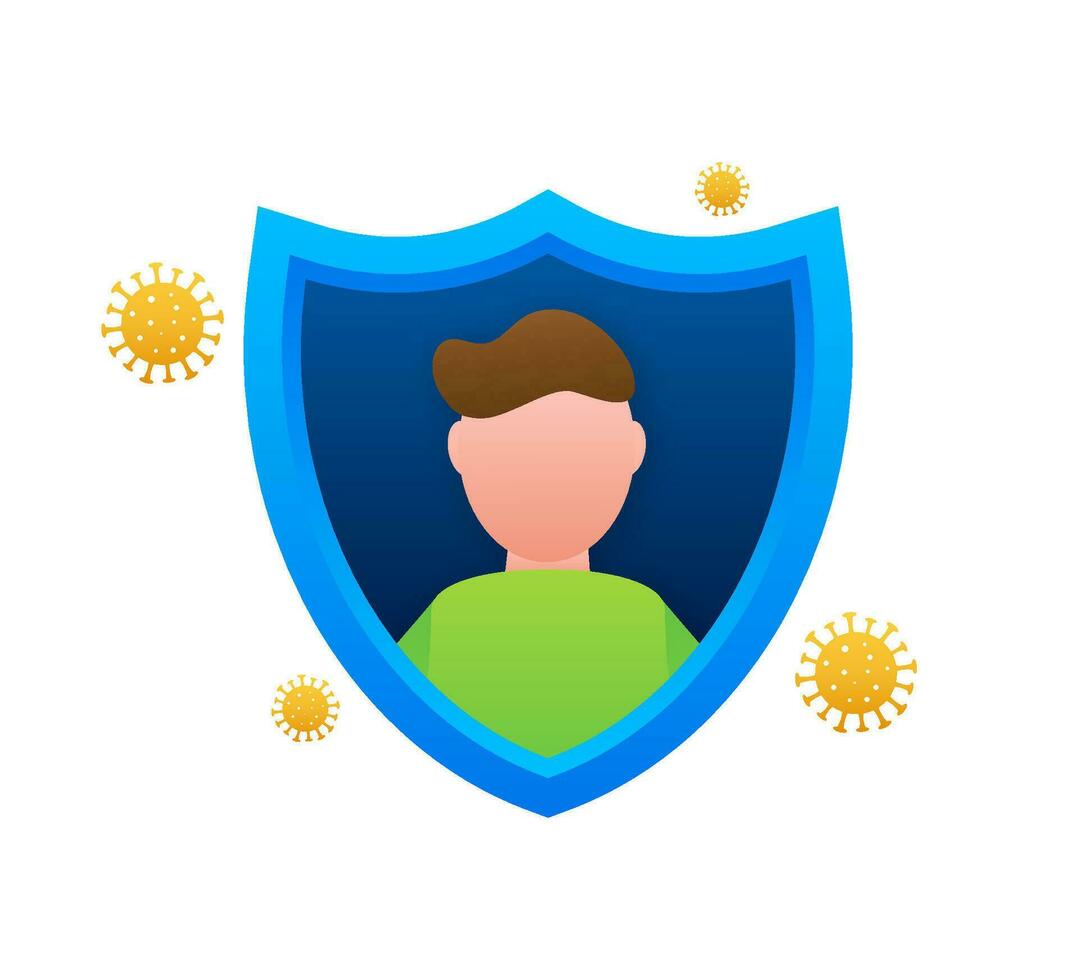 Immune system concept. Medical shield surrounded by viruses and bacterium. Vector stock illustration.