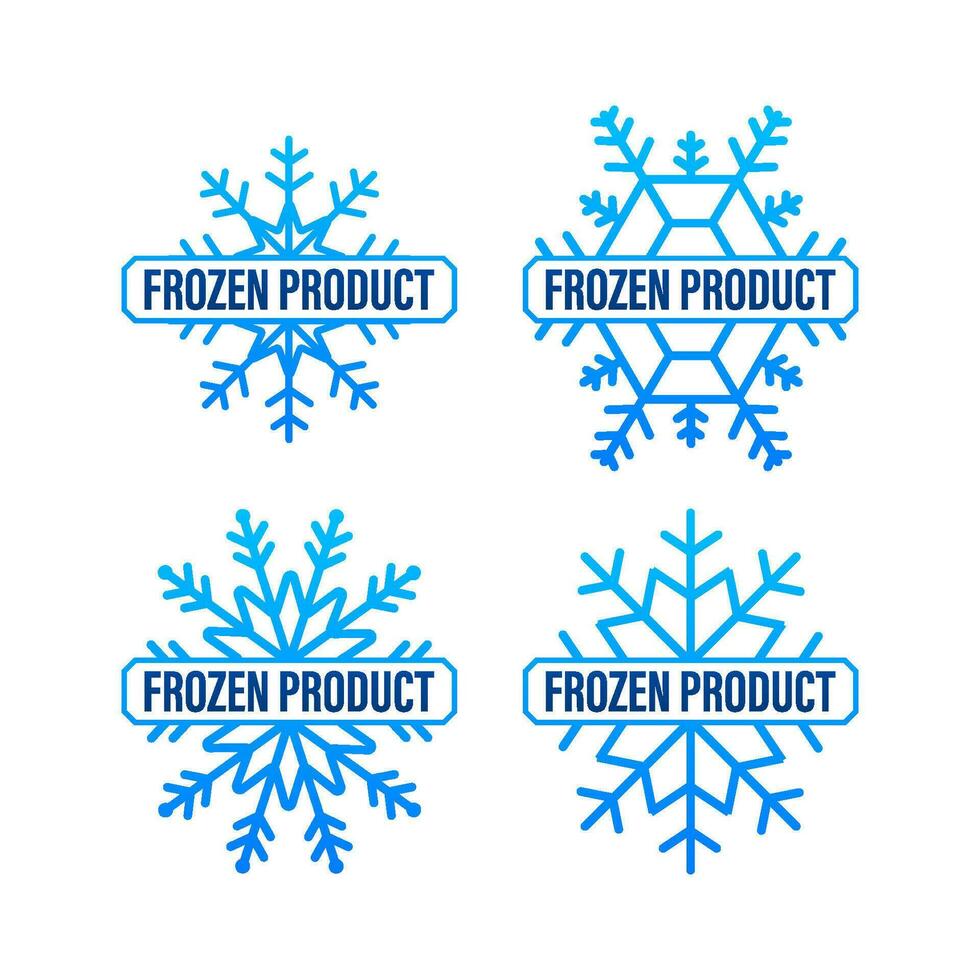 Blue frozen product and snowflake icon, label. Fresh frozen. Food logo. Vector stock illustration.