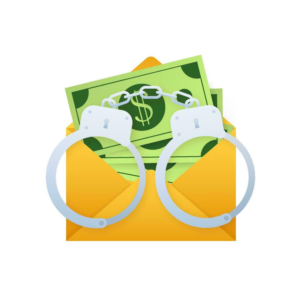 Handcuffs with envelope of money. Dishonest Money. Anti corruption concept. sign, label. Vector stock illustration