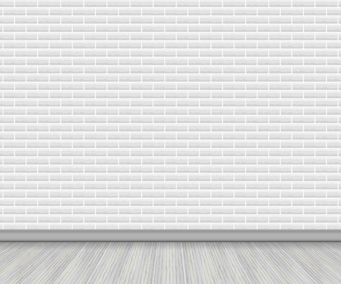 Realistic wood floor and white brick. Vector stock illustration.