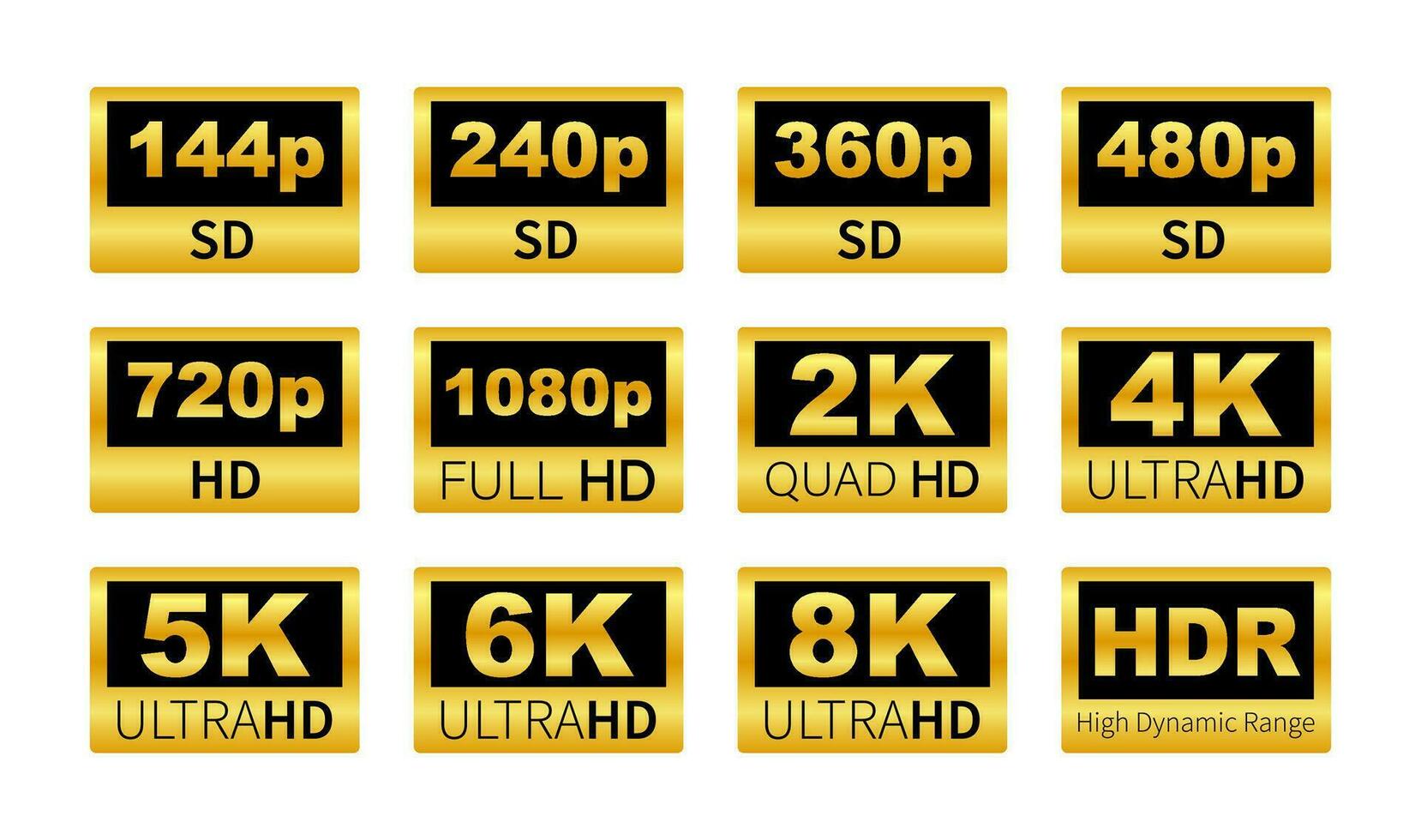 Video resolution labels. 360 720p 1080p 2k 4k 6k 8k HDR. vector