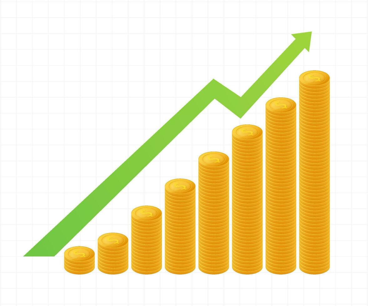 Profit money or budget. Cash and rising graph arrow up, concept of business success. Capital earnings, benefit. Vector stock illustration.