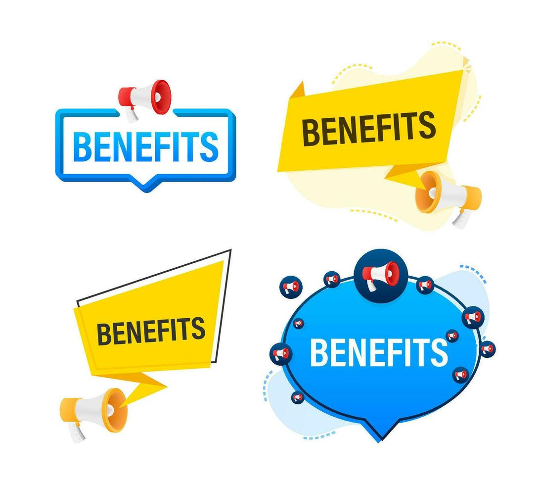 Megaphone label set with text Benefits. Megaphone in hand promotion banner. Marketing and advertising vector