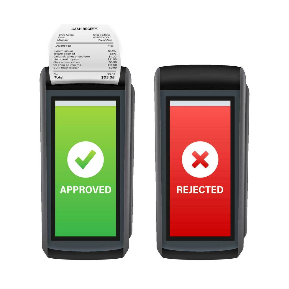 POS Terminal, Paper Receipt. Approved, Rejected Payment. NFC Payments Device. vector