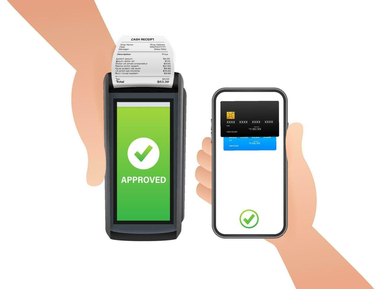 POS Terminal, Paper Receipt. Approved, Rejected Payment. Hand holding smartphone. NFC Payments Device. vector