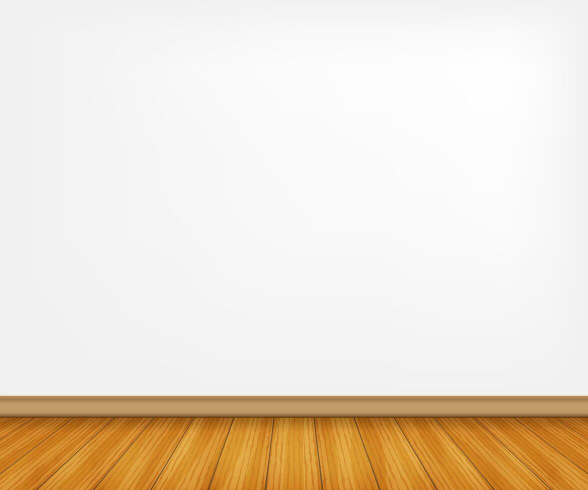 Realistic wood floor and white wall. Vector stock illustration.