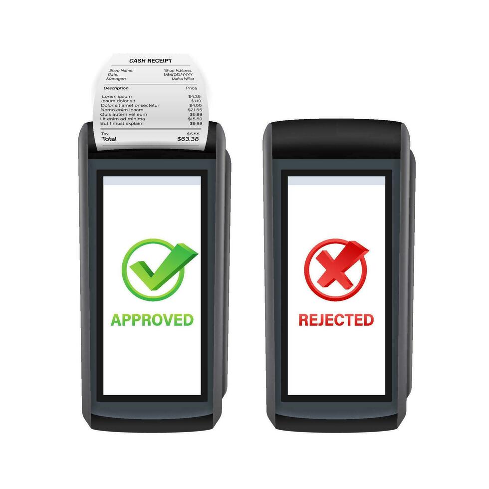 POS Terminal, Paper Receipt. Approved, Rejected Payment. NFC Payments Device. vector