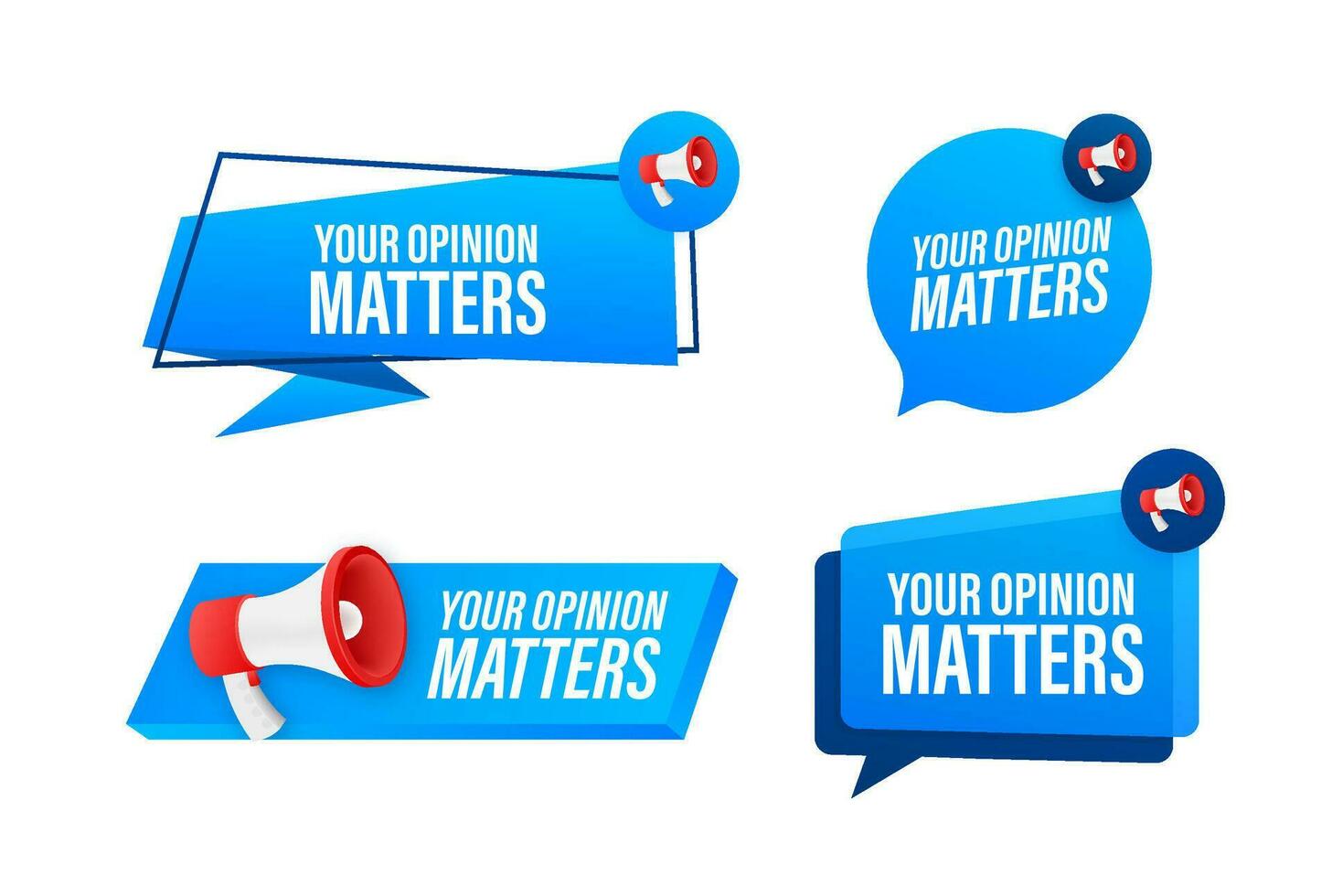 Megaphone label set with text your opinion matters. Megaphone in hand promotion banner. Marketing and advertising vector