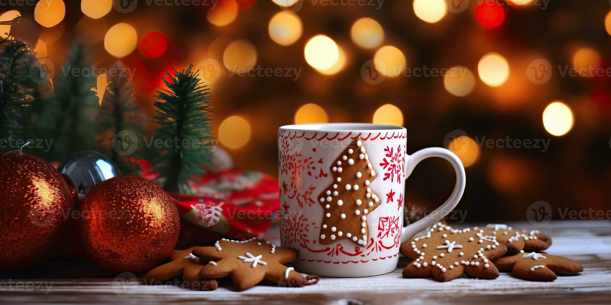 AI Generated. AI Generative. Merry Christmas Xmas New Year gingerbread sweet cookies with chocolate cocoa coffee on wooden table mockup decoration. Graphic Art photo