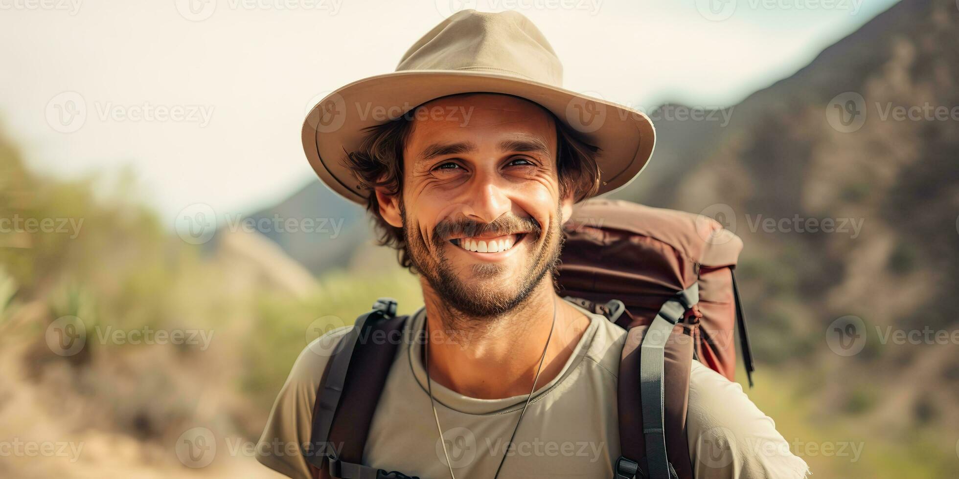 AI Generated. AI Generative. Handsome man in hat backpack trekking hiking portrait landscape adventure outdoor. Graphic Art photo