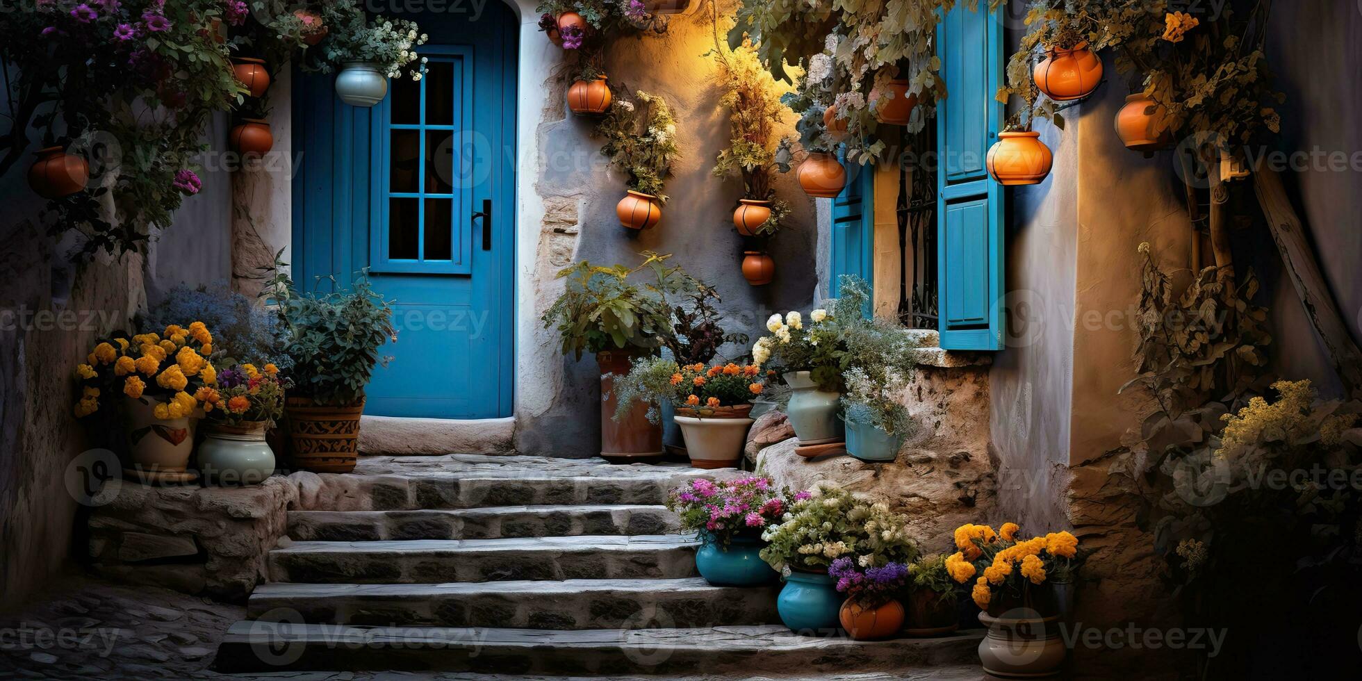 ai generado. ai generativo. antiguo retro Clásico calle caminar en Europa pueblo pequeño ciudad campo decoración con plantas. gráfico Arte foto