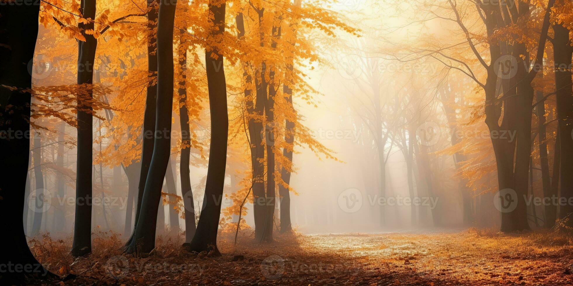 AI Generated. AI Generative. Autumn forest outdoor nature orange yellow park fall landscape background. Graphic Art photo