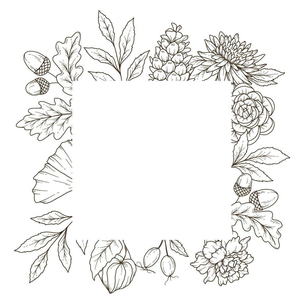 Fall floral frame outline. Fall Foliage Line Art Illustration, Outline Leaves arrangement Hand Drawn Illustration. Fall Coloring Page with Leaves vector