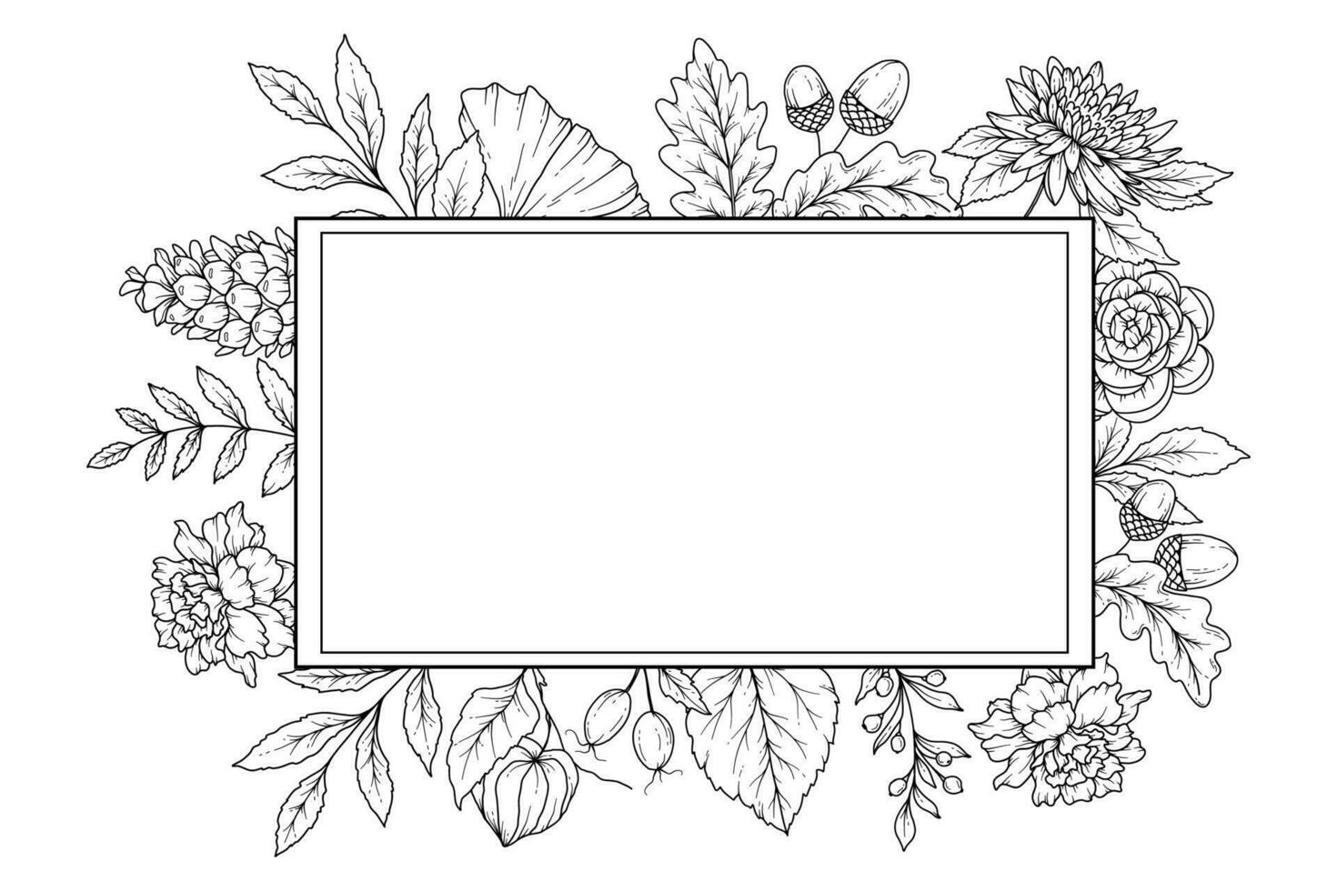 Fall floral frame outline. Fall Foliage Line Art Illustration, Outline Leaves arrangement Hand Drawn Illustration. Fall Coloring Page with Leaves vector