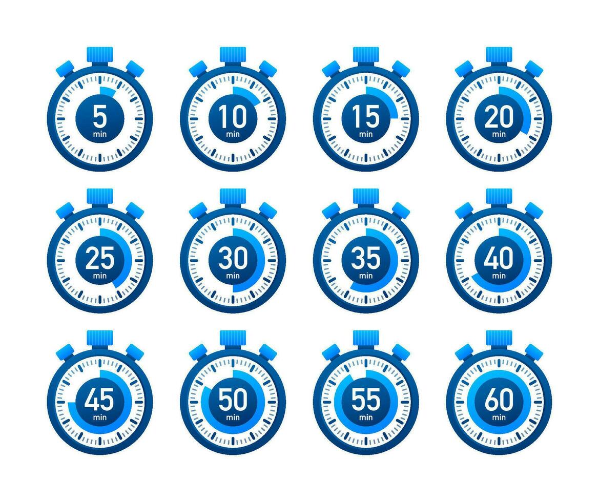 Timer, stopwatch icons set 10 20 30 40 50 60 minutes. Cooking time. vector