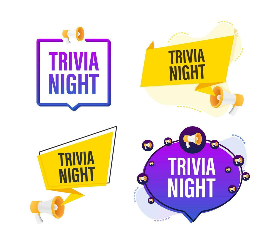 Megaphone label set with text trivia night. Megaphone in hand promotion banner. Marketing and advertising vector